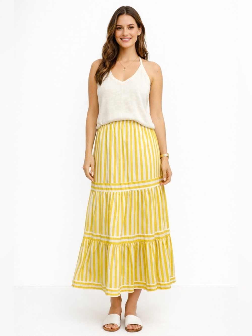 Lucy Paris Striped Yellow Tiered Maxi Skirt Sz Medium Boho Beach Coastal Cowgirl